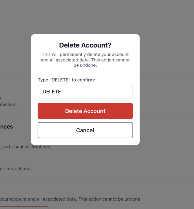 Delete account confirmation dialog showing a text box to type DELETE and a red Delete Account button